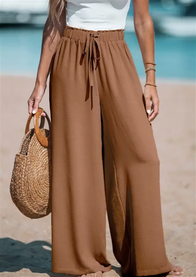 Women's Fashion Fake Drawstring Loose Casual Wide leg Trousers Caramel - Shop at LoveMi