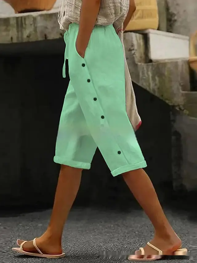 New Cotton And Linen Solid Color Casual Pocket With Buttons Cropped Casual Pants Light Green - Shop at LoveMi