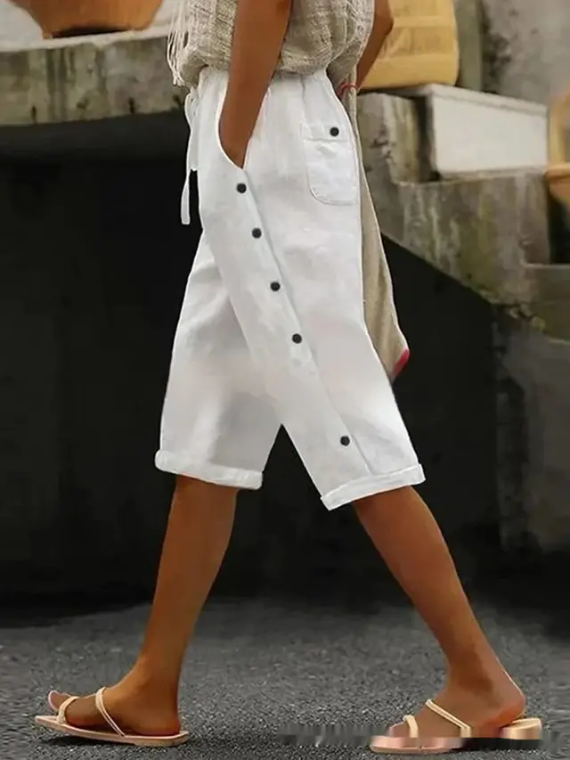 New Cotton And Linen Solid Color Casual Pocket With Buttons Cropped Casual Pants White - Shop at LoveMi