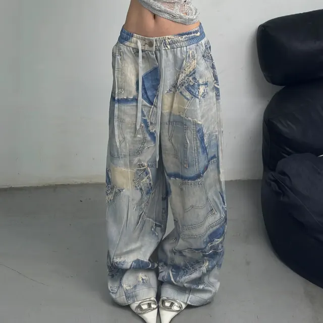 Women's Casual Straight Leg Loose Print Jeans Blue - Shop at LoveMi