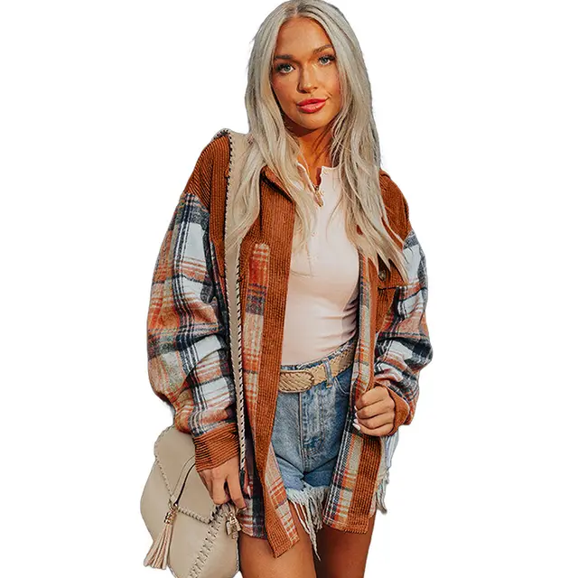 Autumn And Winter New Corduroy Patchwork Shirt Coat For Women Brown - Shop at LoveMi