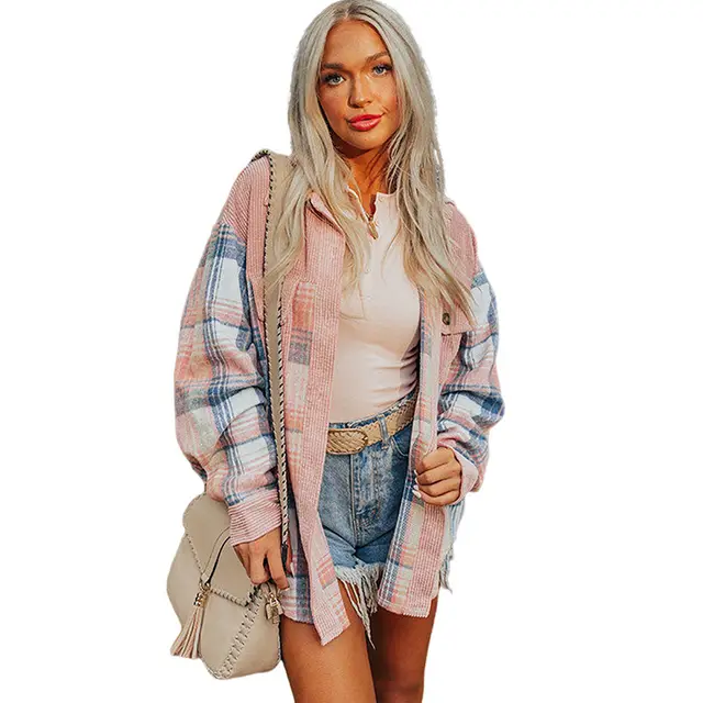 Autumn And Winter New Corduroy Patchwork Shirt Coat For Women Pink - Shop at LoveMi