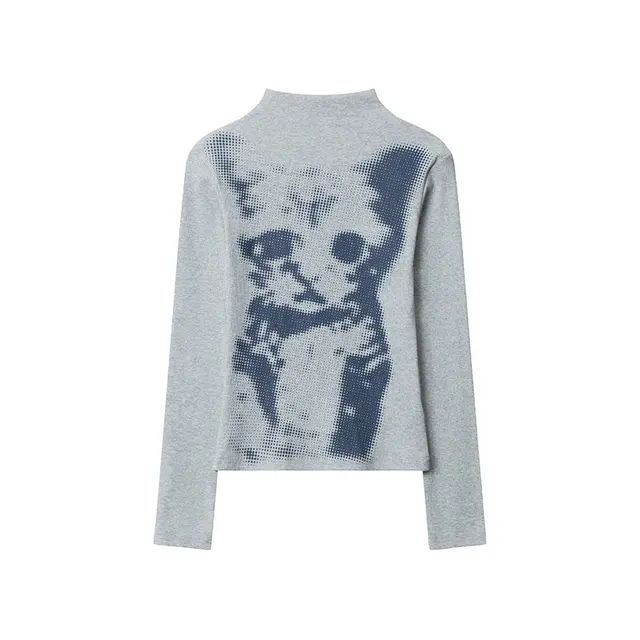 Chessboard Plaid Cat Printing Top Women's Long Sleeve Flower Gray - Shop at LoveMi
