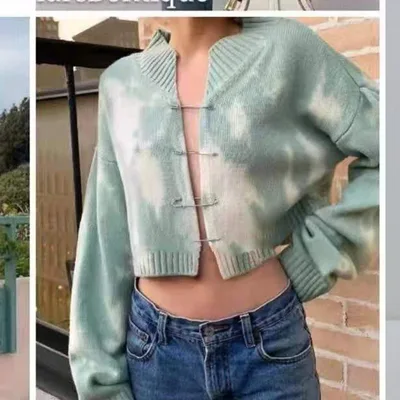 European And American Tie dye Pin Buckle Design Knitted Sweater Green And White - Shop at LoveMi