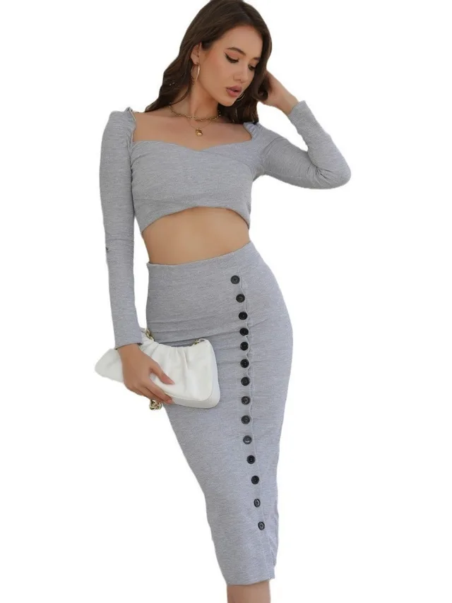 Long Sleeve Short Midriff baring Top Sheath Split Dress Gray Grey - Shop at LoveMi
