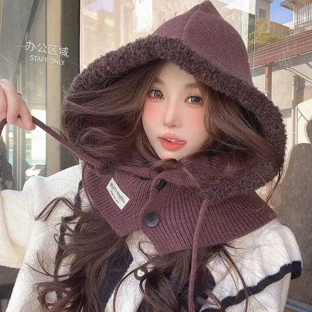 Korean Balaclava Hat Female Winter Warm Hat Scarf One Couple Earflaps Woolen Knitted Hat Coffee - Shop at LoveMi