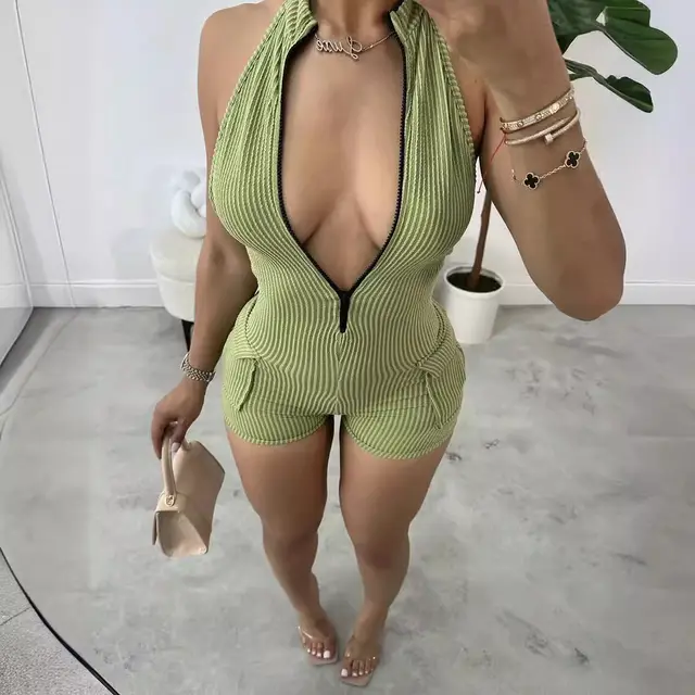 Zipper Sunken Stripe Design Sexy Tight Shorts One piece Green - Shop at LoveMi