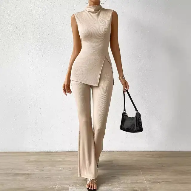 Stand Collar Slits Lower Hem Vest And Wide Leg Pants Apricot - Shop at LoveMi