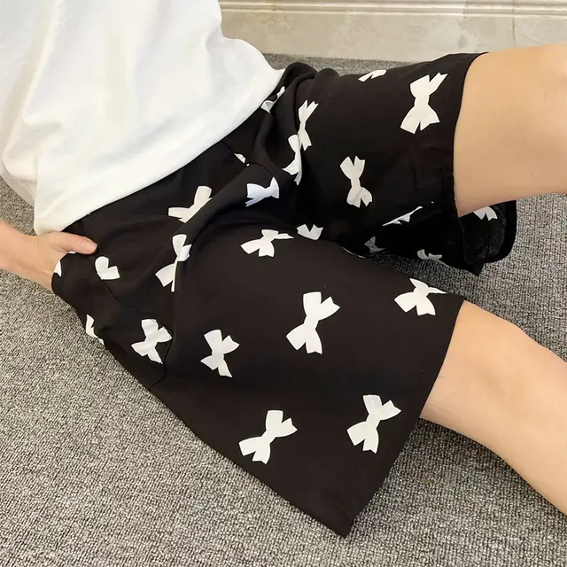 Summer Women's Pajama Pants Cotton Silk Shorts Home Loose Black Background Bow - Shop at LoveMi