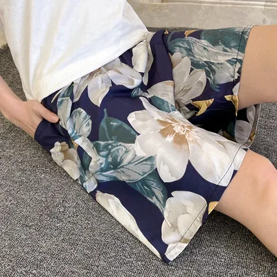 Summer Women's Pajama Pants Cotton Silk Shorts Home Loose Navy Blue Big Flowers - Shop at LoveMi