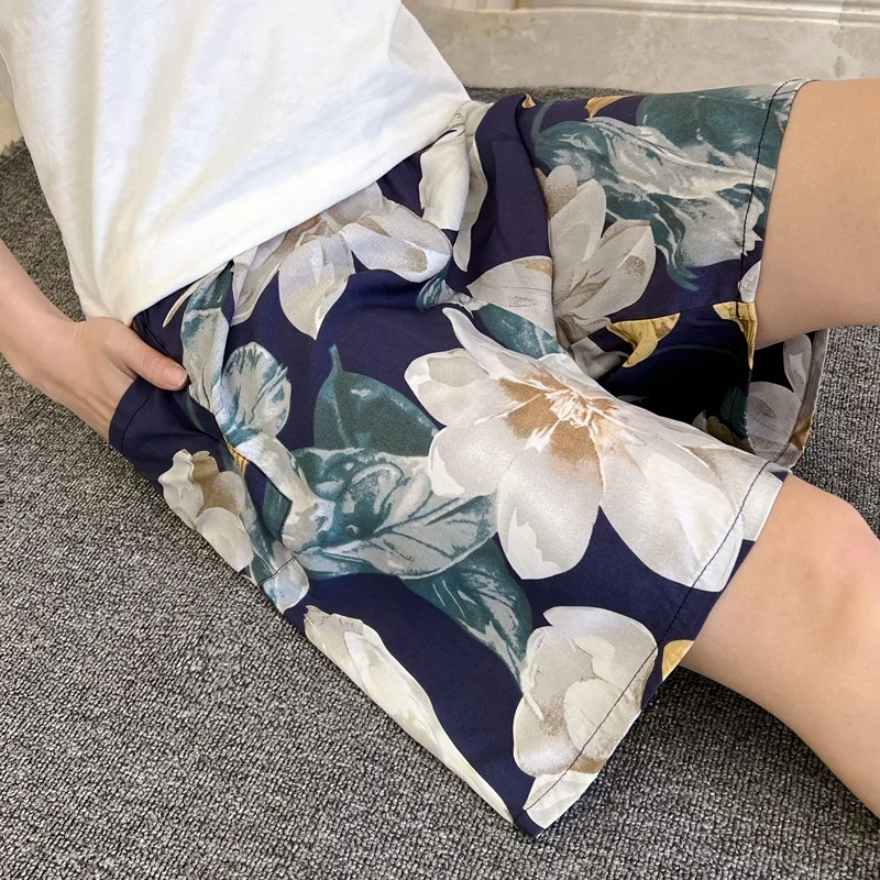 Summer Women's Pajama Pants Cotton Silk Shorts Home Loose Navy Blue Big Flowers - Shop at LoveMi