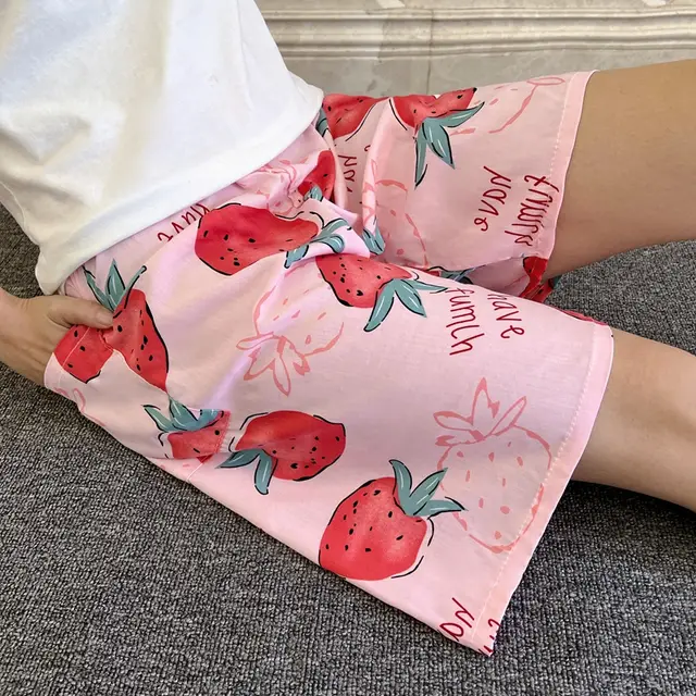 Summer Women's Pajama Pants Cotton Silk Shorts Home Loose Pink Large Strawberry - Shop at LoveMi