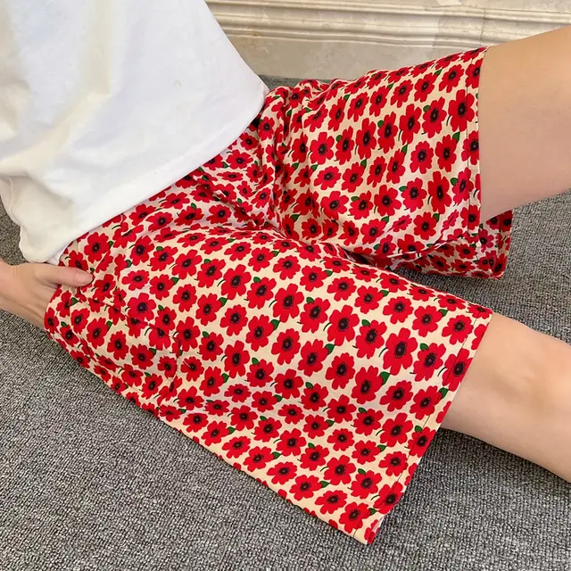 Summer Women's Pajama Pants Cotton Silk Shorts Home Loose Red Little Flower - Shop at LoveMi