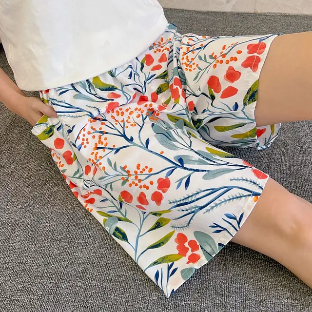 Summer Women's Pajama Pants Cotton Silk Shorts Home Loose Sakura On The White Background - Shop at LoveMi