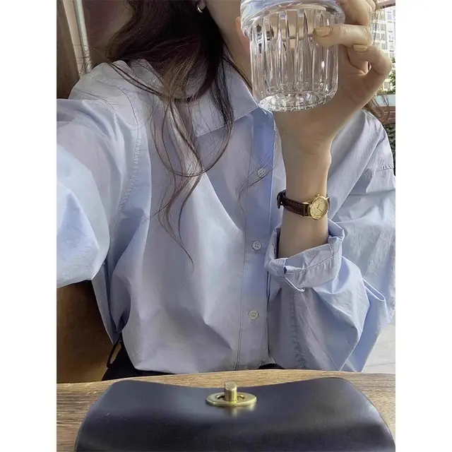 White Cotton Shirt Women's Long Sleeve Blue - Shop at LoveMi