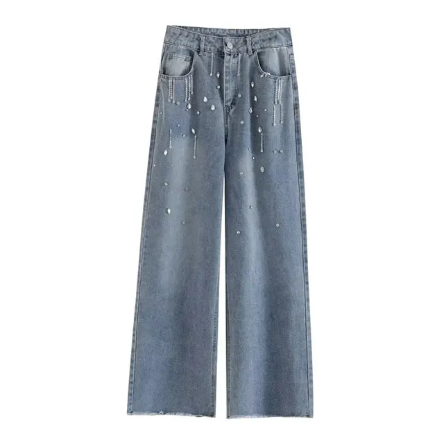 Women's New Fashion Trendy Rhinestone Raw Edges Design Long Wide leg Jeans Blue - Shop at LoveMi