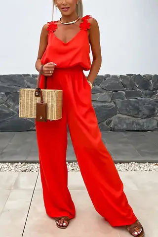 Casual Loose Women's Wear New Suspender Sleeveless Pocket Jumpsuit - Red