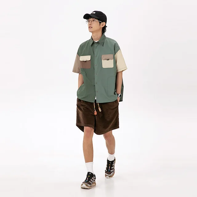 Tooling New Color blocking Men's And Women's Same Style Over Loose Shirt Sd1001 Army Green - Shop at LoveMi