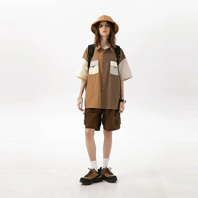 Tooling New Color blocking Men's And Women's Same Style Over Loose Shirt Sd1001 Caramel - Shop at LoveMi