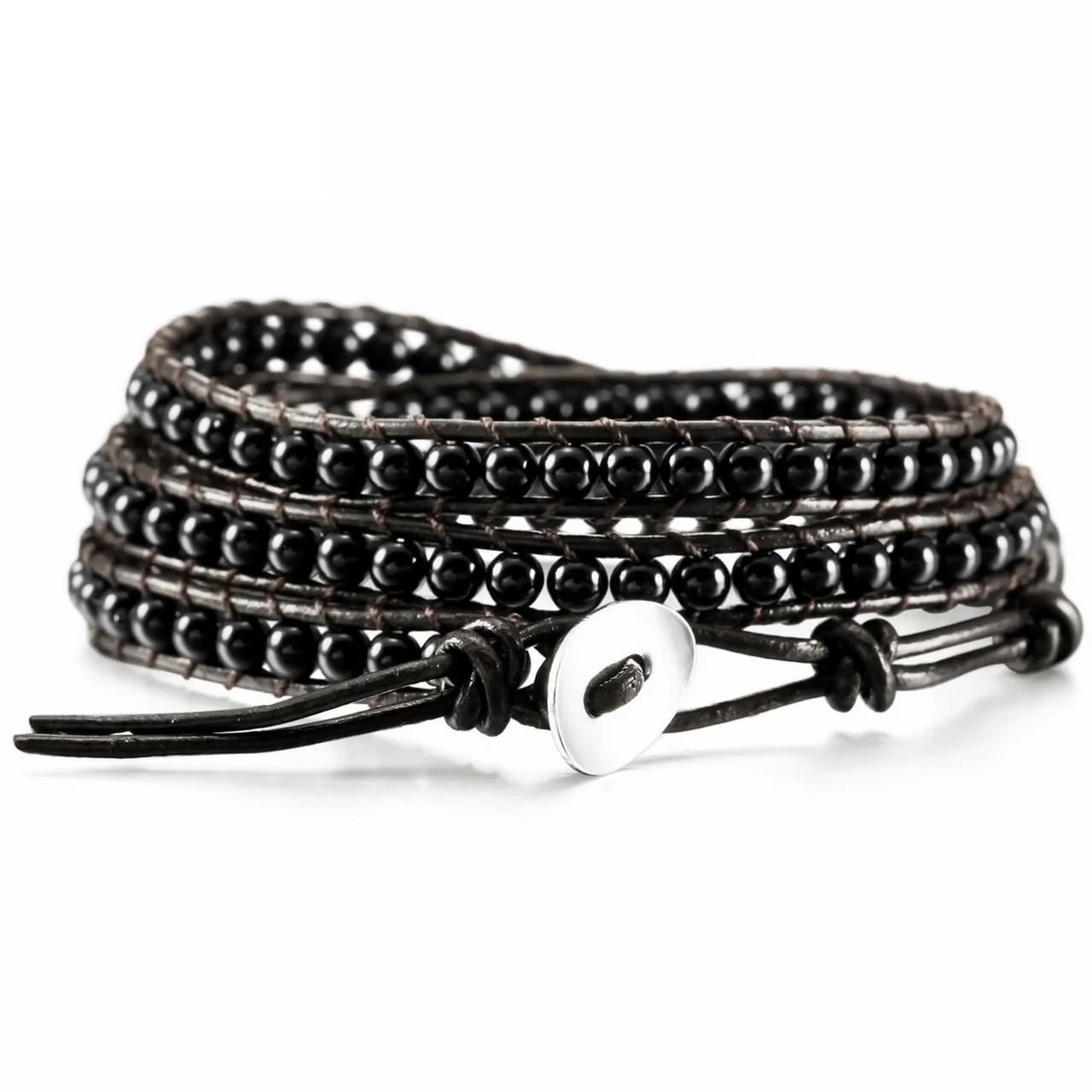 Hand-woven 3 Circles Leather Cord Bracelet Adjustable - Black