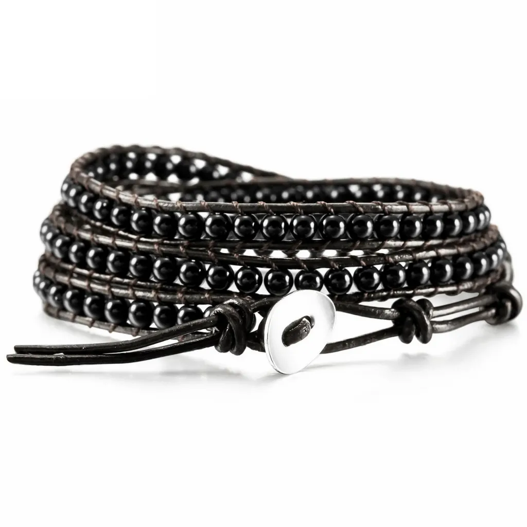 Hand-woven 3 Circles Leather Cord Bracelet Adjustable - Black