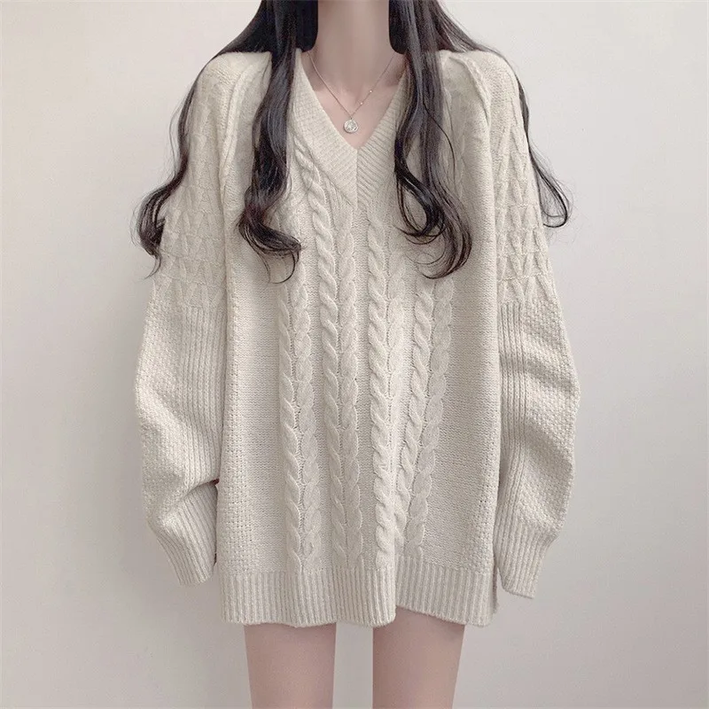 Mid-length Cable-knit Pullover Sweater Women's Sweater - White