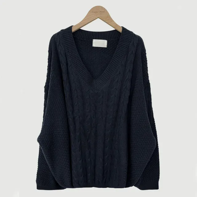 Retro Twist Lazy Large Design Loose Shoulder Pullover Sweaters Top Navy Blue - Shop at LoveMi