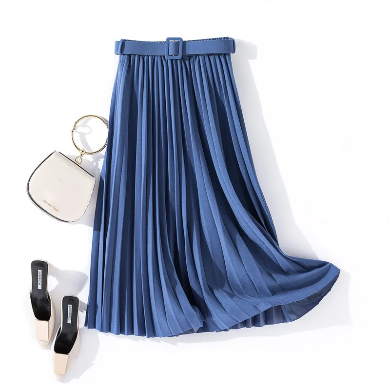 Solid Color Simple Organ Pleated Skirt Mid length Skirt Blue - Shop at LoveMi