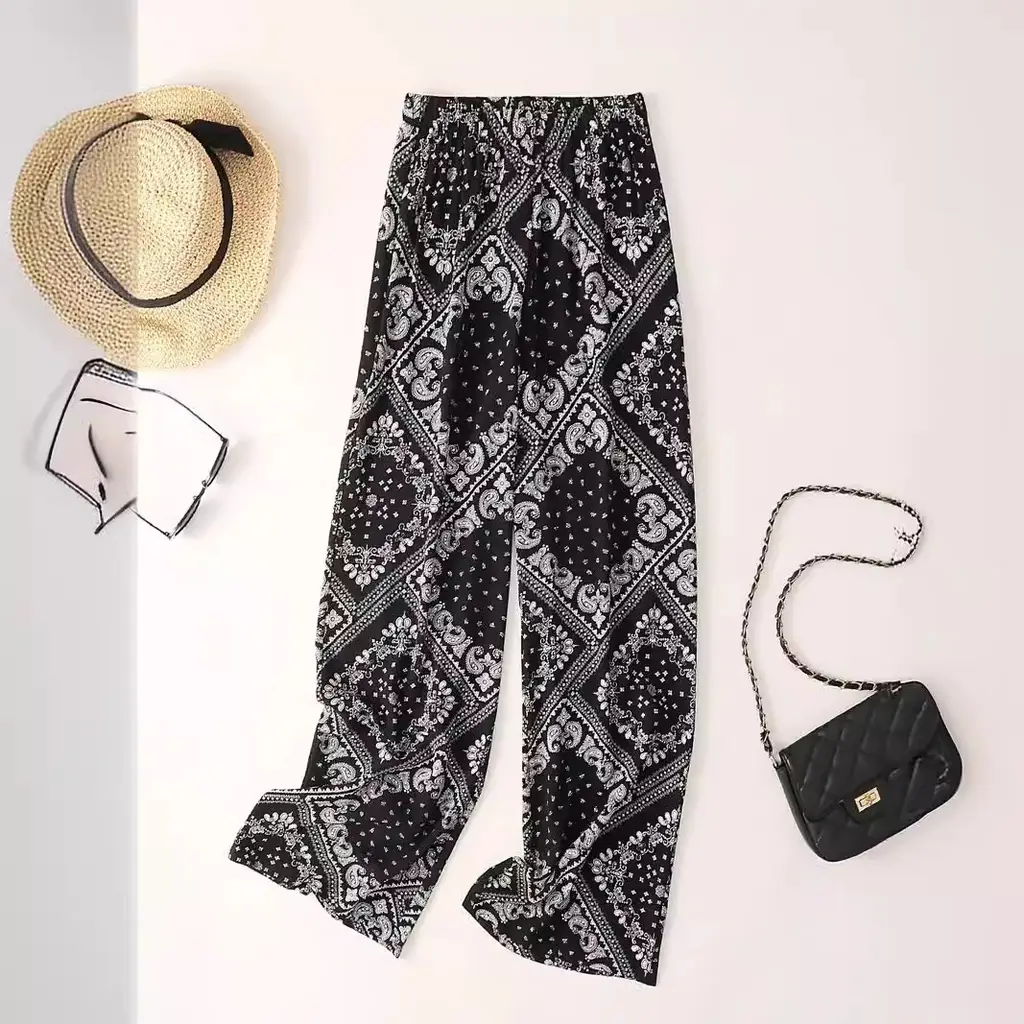 Women's Paisley Scarf Print Wide Leg Bohemian Casual Loose Pants - Black