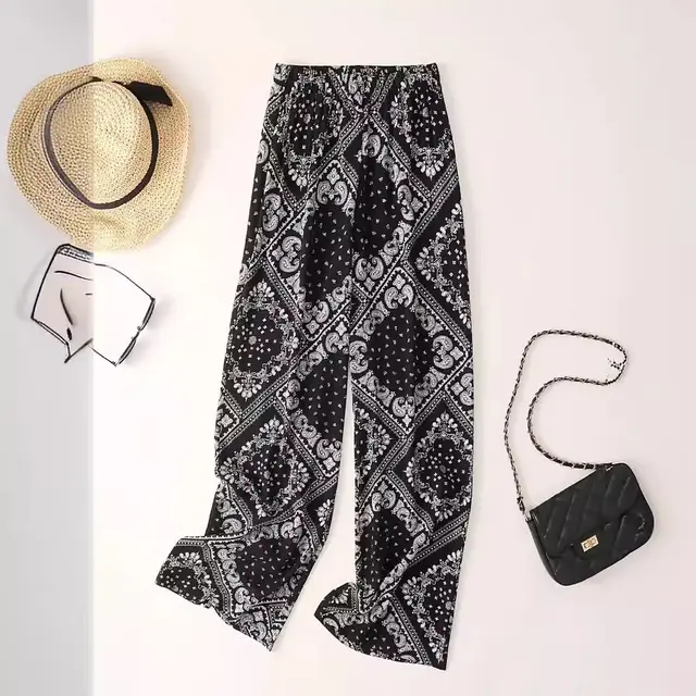 Women's Paisley Scarf Print Wide Leg Bohemian Casual Loose Pants Black - Shop at LoveMi
