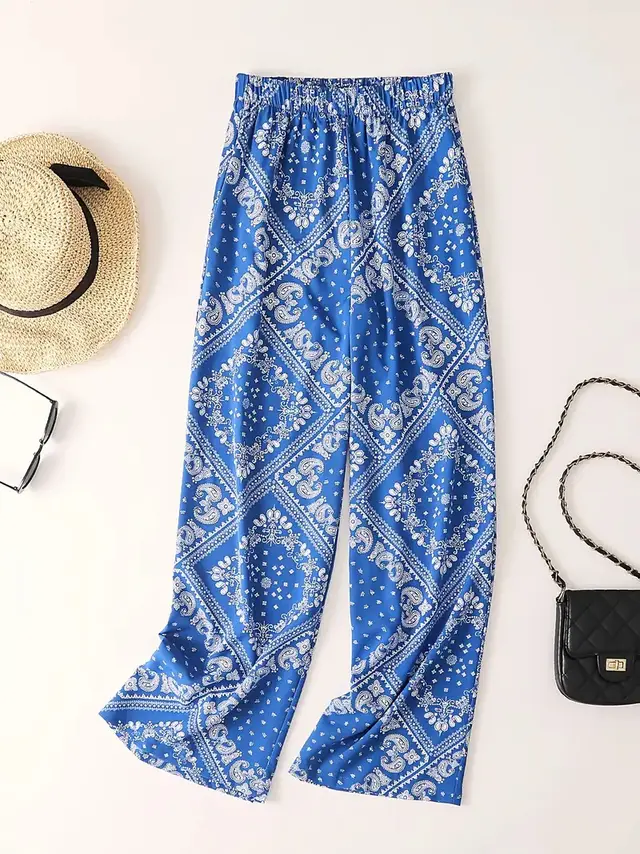 Women's Paisley Scarf Print Wide Leg Bohemian Casual Loose Pants Blue - Shop at LoveMi
