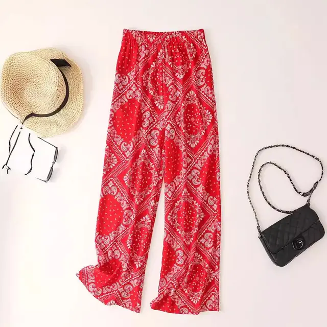 Women's Paisley Scarf Print Wide Leg Bohemian Casual Loose Pants Red - Shop at LoveMi