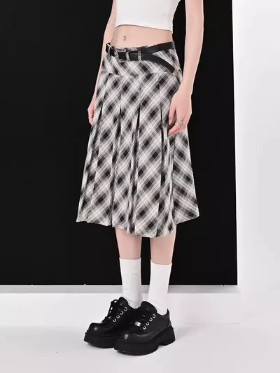 High Waist Slimming Plaid Skirt Women's Pleated Skirt Coffee With Belt - Shop at LoveMi