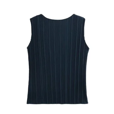 Pleated Sleeveless T shirt Straight leg Pants Navy Blue Top - Shop at LoveMi
