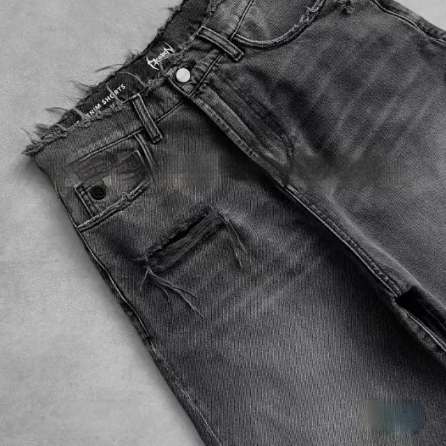 New Design Sense Ripped Burr Denim Shorts American Retro Washed Casual Loose Shorts Black - Shop at LoveMi