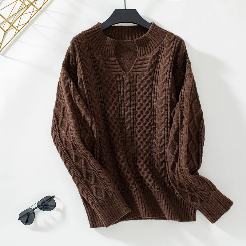 European And American Twist V neck Loose Casual Knitted Sweater For Women Coffee - Shop at LoveMi