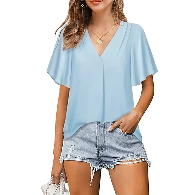 Chiffon With V shaped Shape Pleated Loose Shirt Sky Blue - Shop at LoveMi