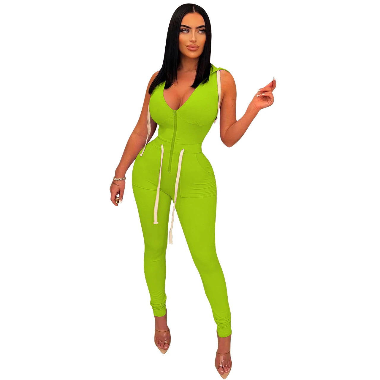 Lace-up Low Collar Hooded Jumpsuit - Fluorescent Green