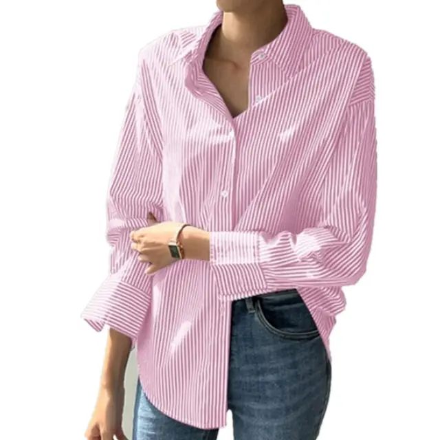 Women's Loose Casual Striped Long sleeved Shirt Pink - Shop at LoveMi