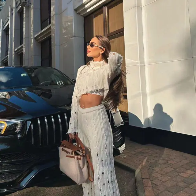 Broken Hole Hollow Knitting Set Street High Neck With Exposed Edges And Navel White - Shop at LoveMi