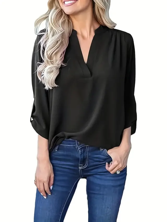 European And American Spring And Autumn V neck Shoulder Pleated Long Sleeve Chiffon Shirt Black - Shop at LoveMi