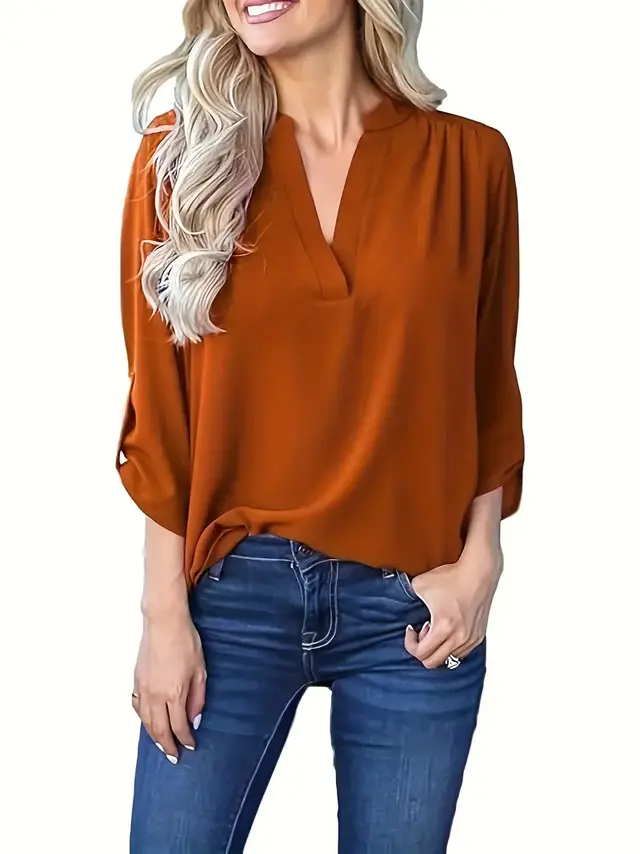 European And American Spring And Autumn V neck Shoulder Pleated Long Sleeve Chiffon Shirt Orange - Shop at LoveMi