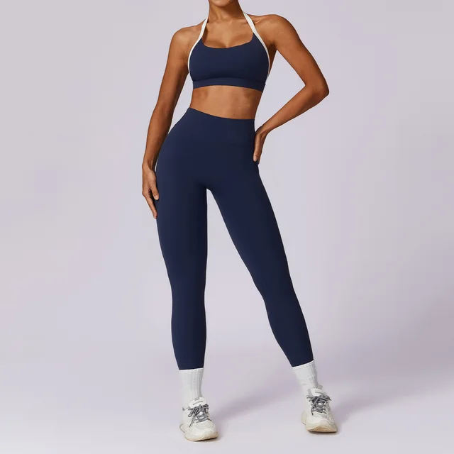 Spring All matching Casual Contrast Color Beauty Back Yoga Clothes Suit Bra Trousers Badge Blue - Shop at LoveMi