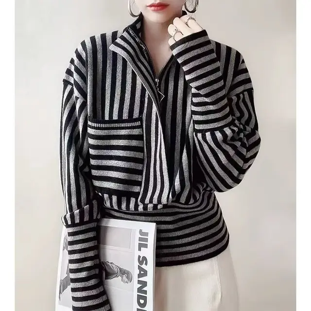 Striped Age reducing Soft Glutinous Sweater Black - Shop at LoveMi