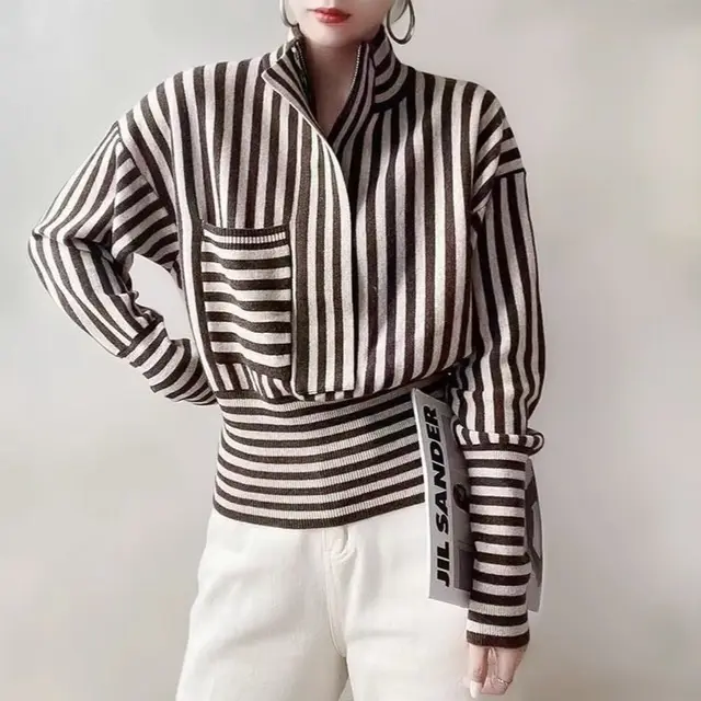 Striped Age reducing Soft Glutinous Sweater Brown - Shop at LoveMi