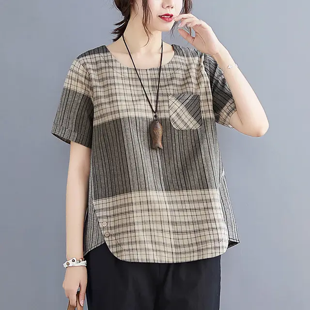 Artistic Plaid Cotton And Linen T shirt Wear Pullover Round Neck Short Sleeve Top Gray - Shop at LoveMi