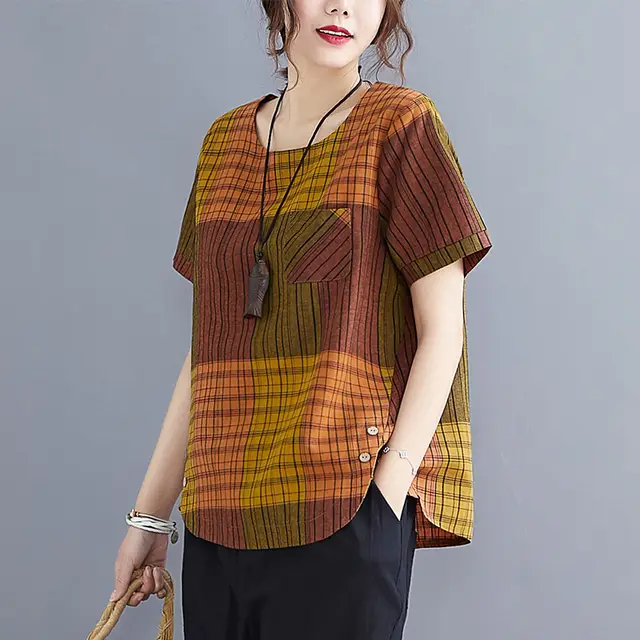 Artistic Plaid Cotton And Linen T shirt Wear Pullover Round Neck Short Sleeve Top Yellow - Shop at LoveMi