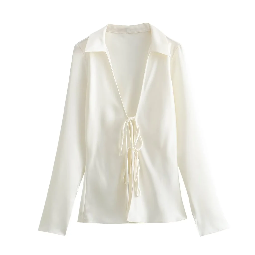 Fashion Bowknot Satin Long-sleeved Shirt - White