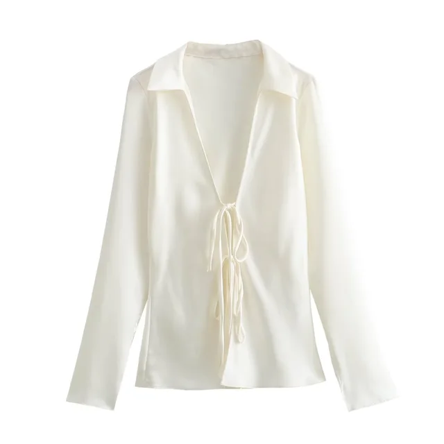 Fashion Bowknot Satin Long sleeved Shirt White - Shop at LoveMi