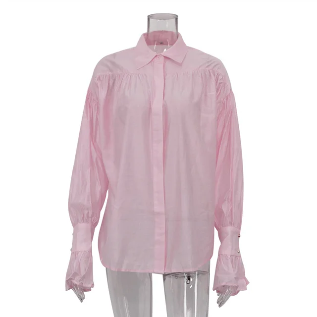 Polo Collar Solid Color Long Sleeve Shirt Pink - Shop at LoveMi